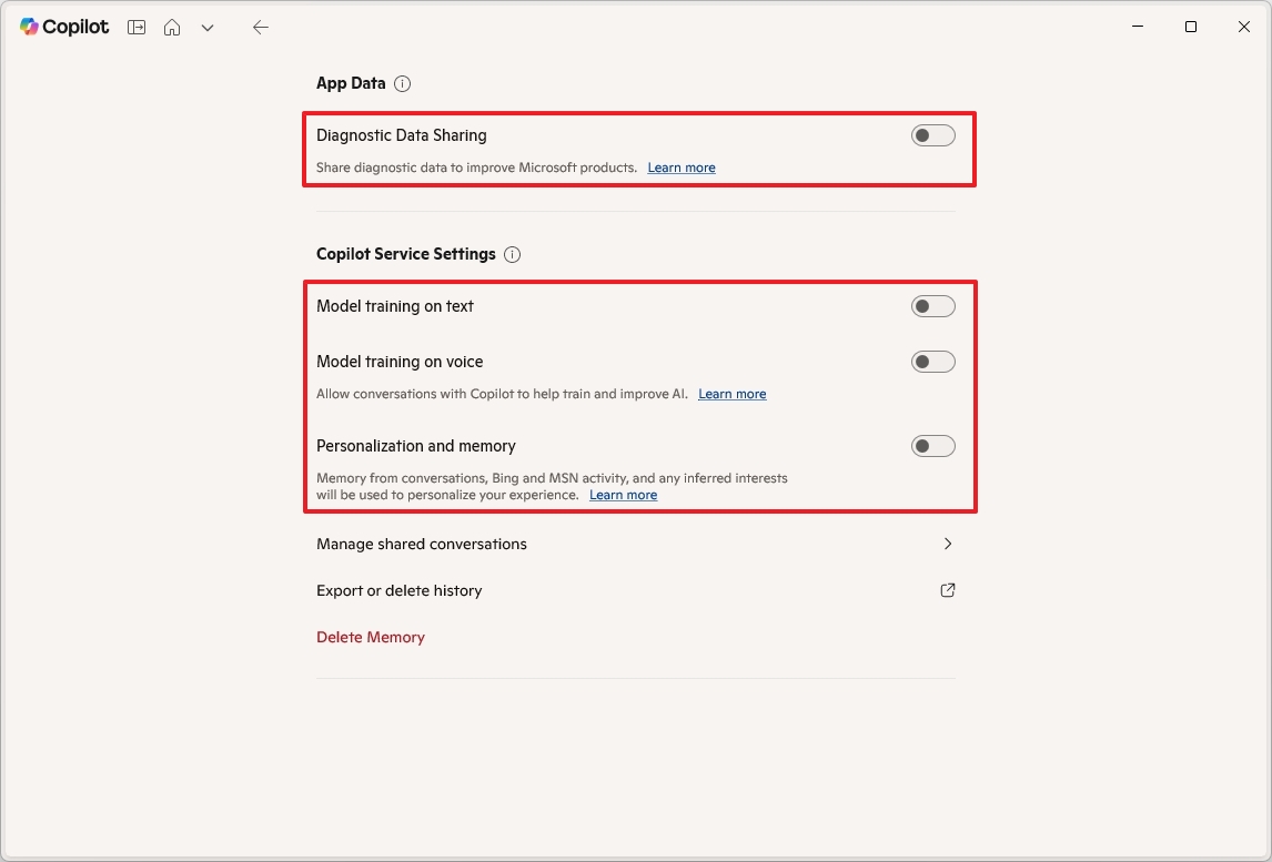 Copilot disable privacy settings
