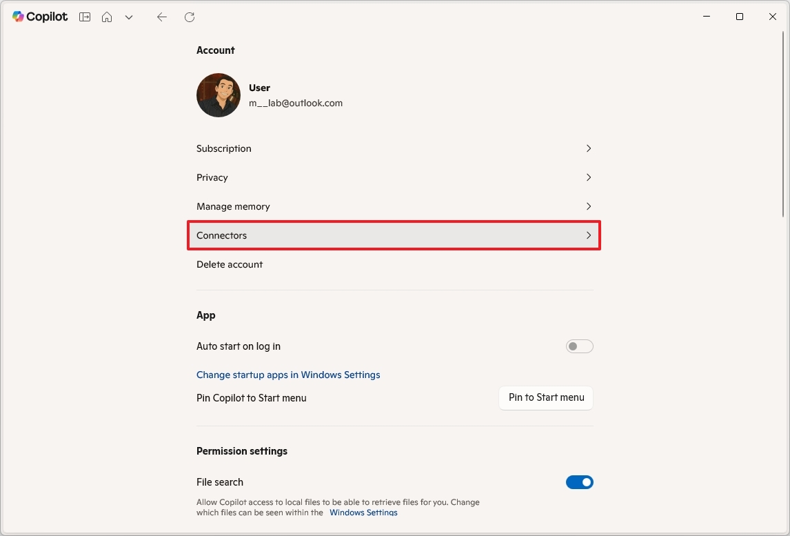Copilot settings open Connectors