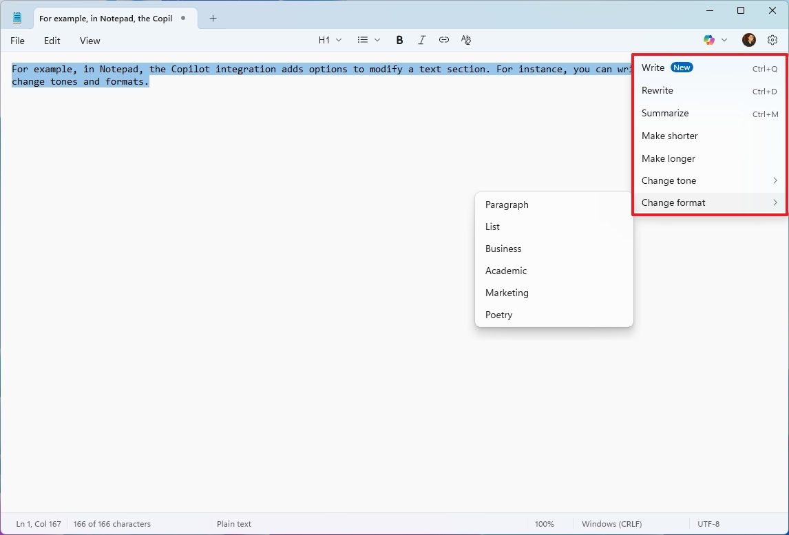 Copilot in Notepad features