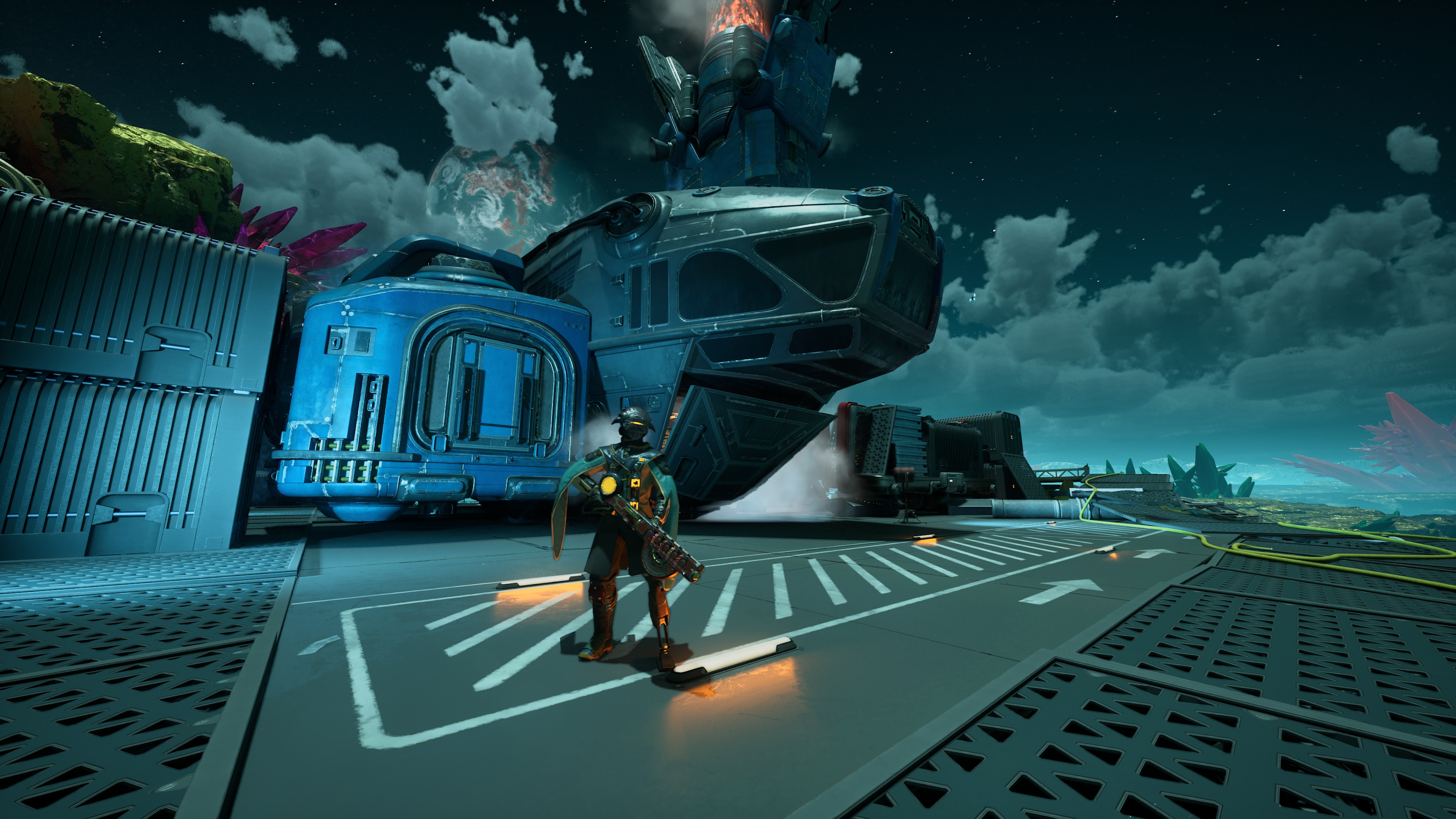 A shot of the player character and their ship in The Outer Worlds 2