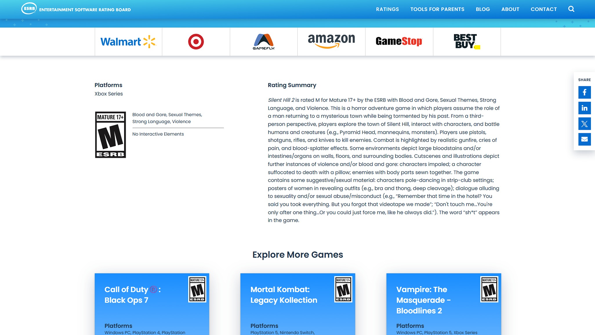 Скриншот рейтинга ESRB для Silent Hill 2 на Xbox Series X|S