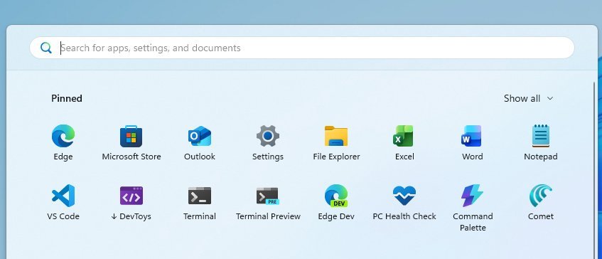 Start menu new pinned section