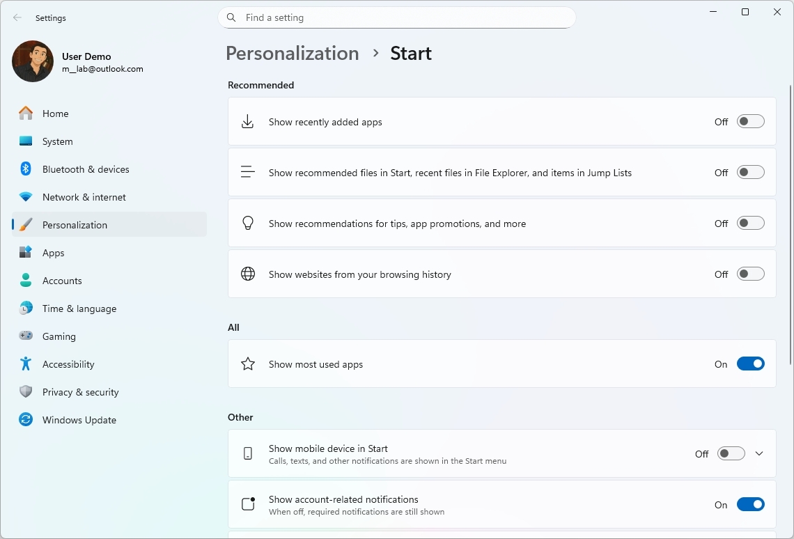 Start settings page update