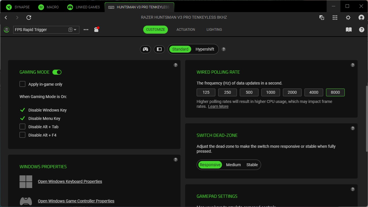 Программа Razer для Razer Huntsman V3 Pro 8KHZ