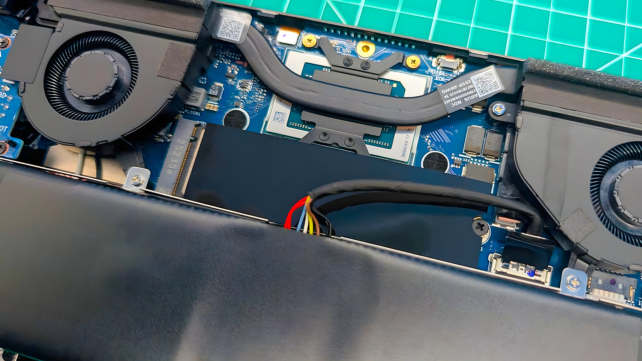 A closeup of the ROG Xbox Ally X's SSD inside the handheld.