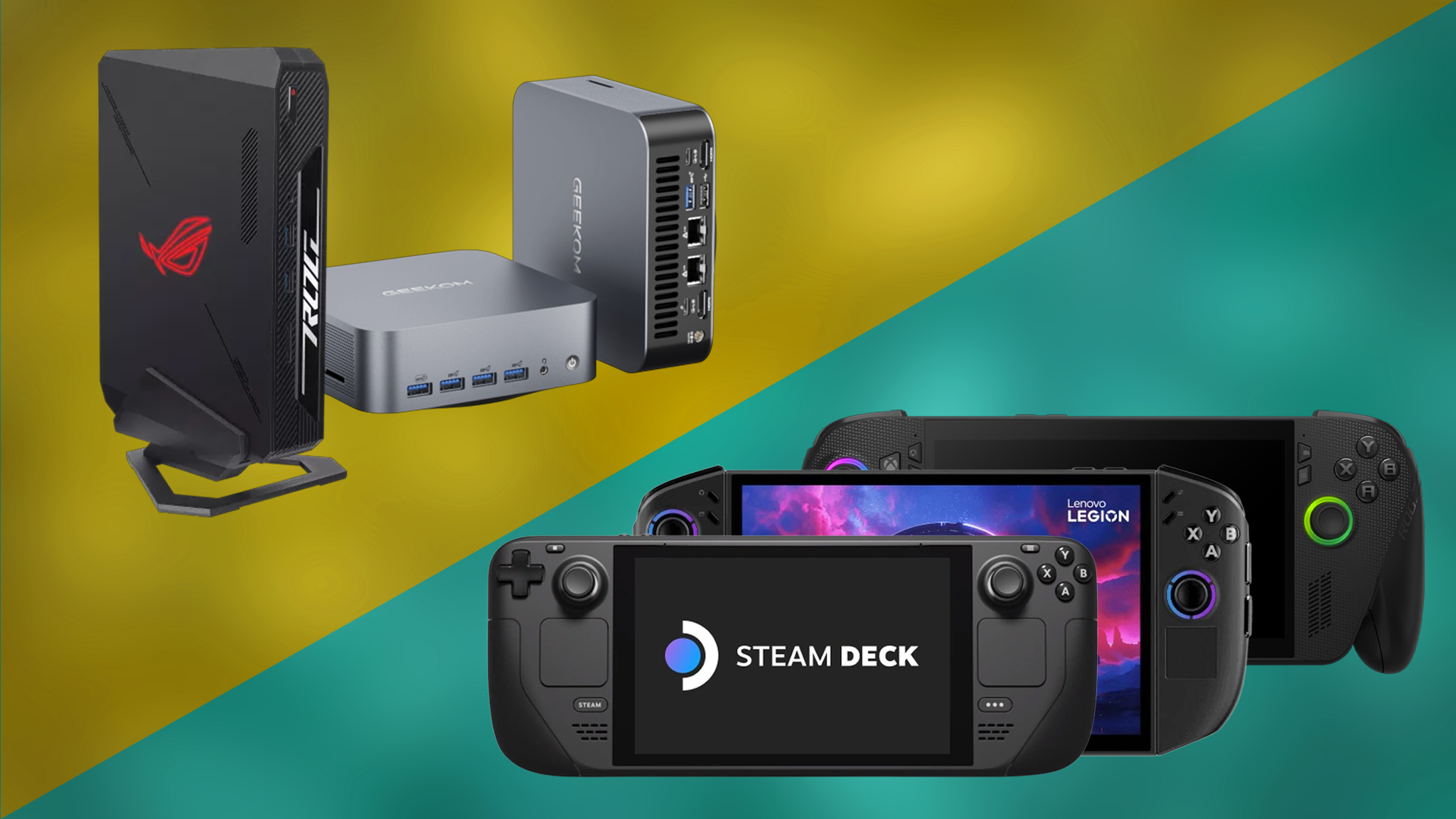 ASUS ROG NUC and Geekom GT1 Mega mini PC on a yellow background with Steam Deck, Legion Go 2, and Xbox Ally X on a blue background.