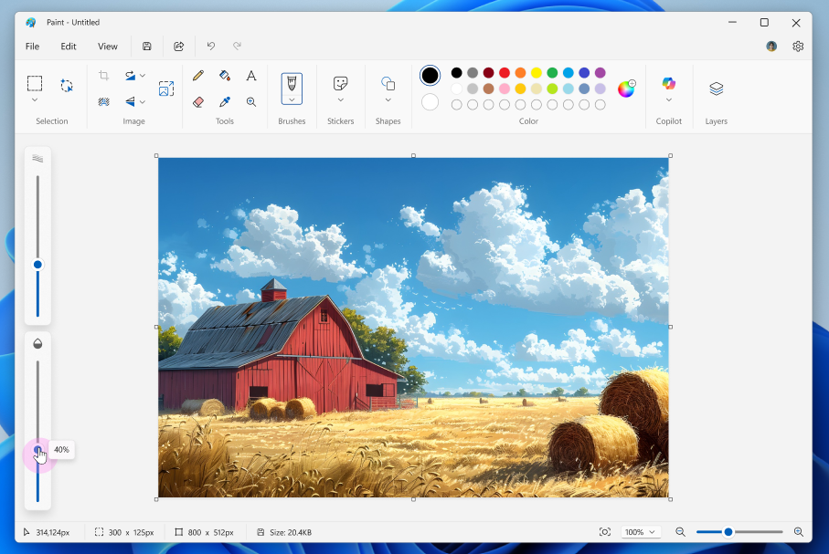 Paint app screenshot of barn with opacity adjusting to 40%.