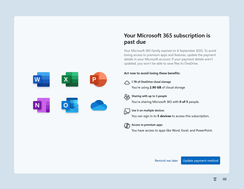 ЭкранSCOOBE для уведомления о просроченной подписке Microsoft 365