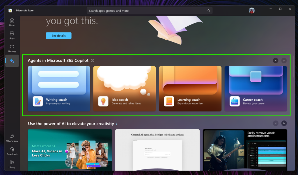 Агенты в Microsoft 365 Copilot в AI Hub Microsoft Store