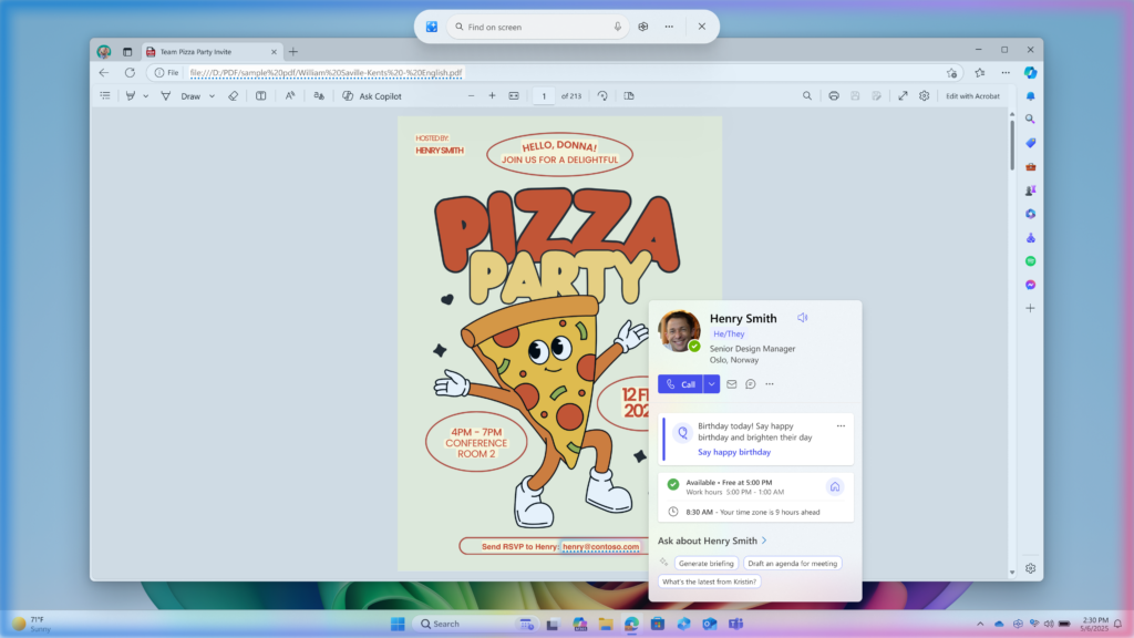 Click to Do, показывающий карточку профиля Microsoft 365 после клика по адресу электронной почты.