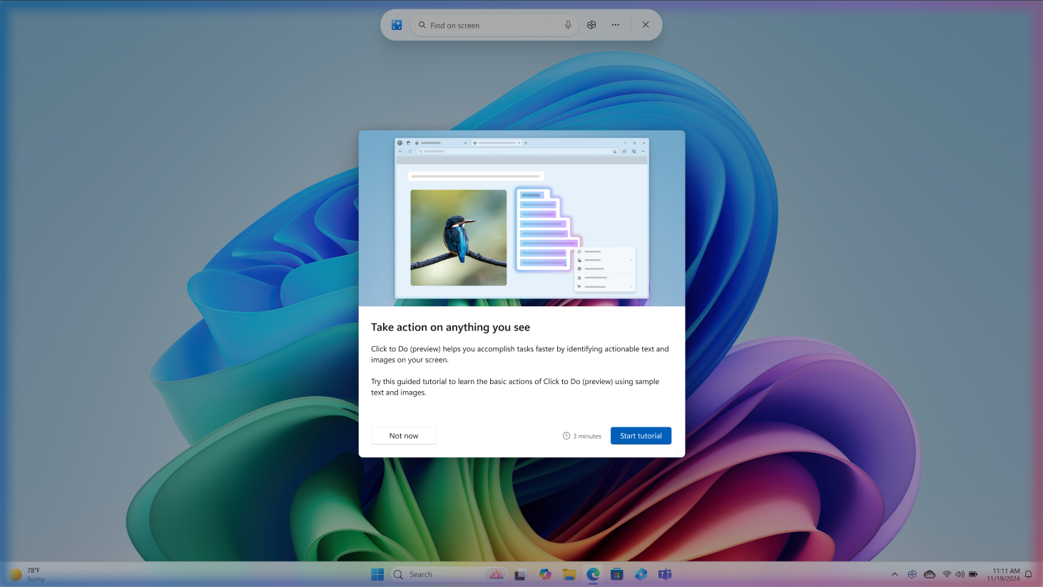 Screenshot depicting a New tutorial in Click to Do on Copilot+ PCs.