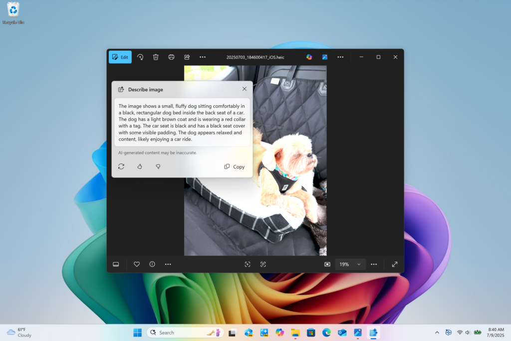 Image description dialog shown with text description of image of Brandon’s dog Kilo.