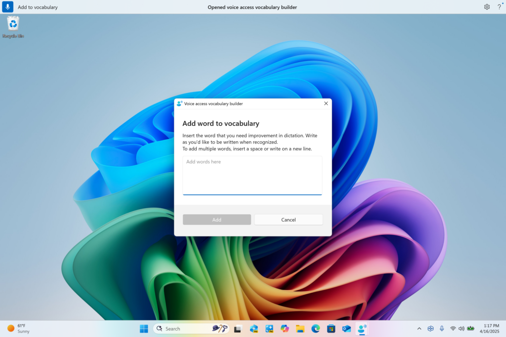 Диалоговое окно построителя словаря голосового доступа для добавления своих слов.