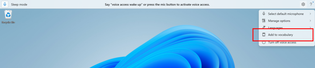 Опция "Добавить в словарь" в меню настроек голосового доступа, выделена красным.