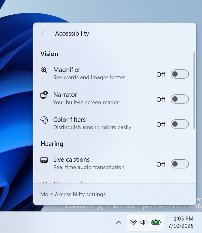 Всплывающее меню "Специальные возможности" в быстрых настройках с текстовыми описаниями для таких технологий, как Narrator, Voice access и т.д.