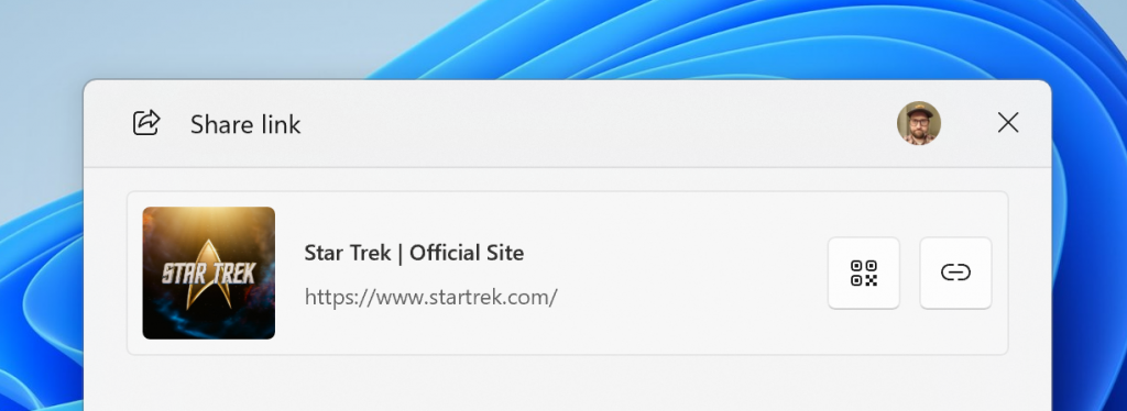 Визуальный предпросмотр ссылок и веб-контента в окне "Поделиться" Windows.