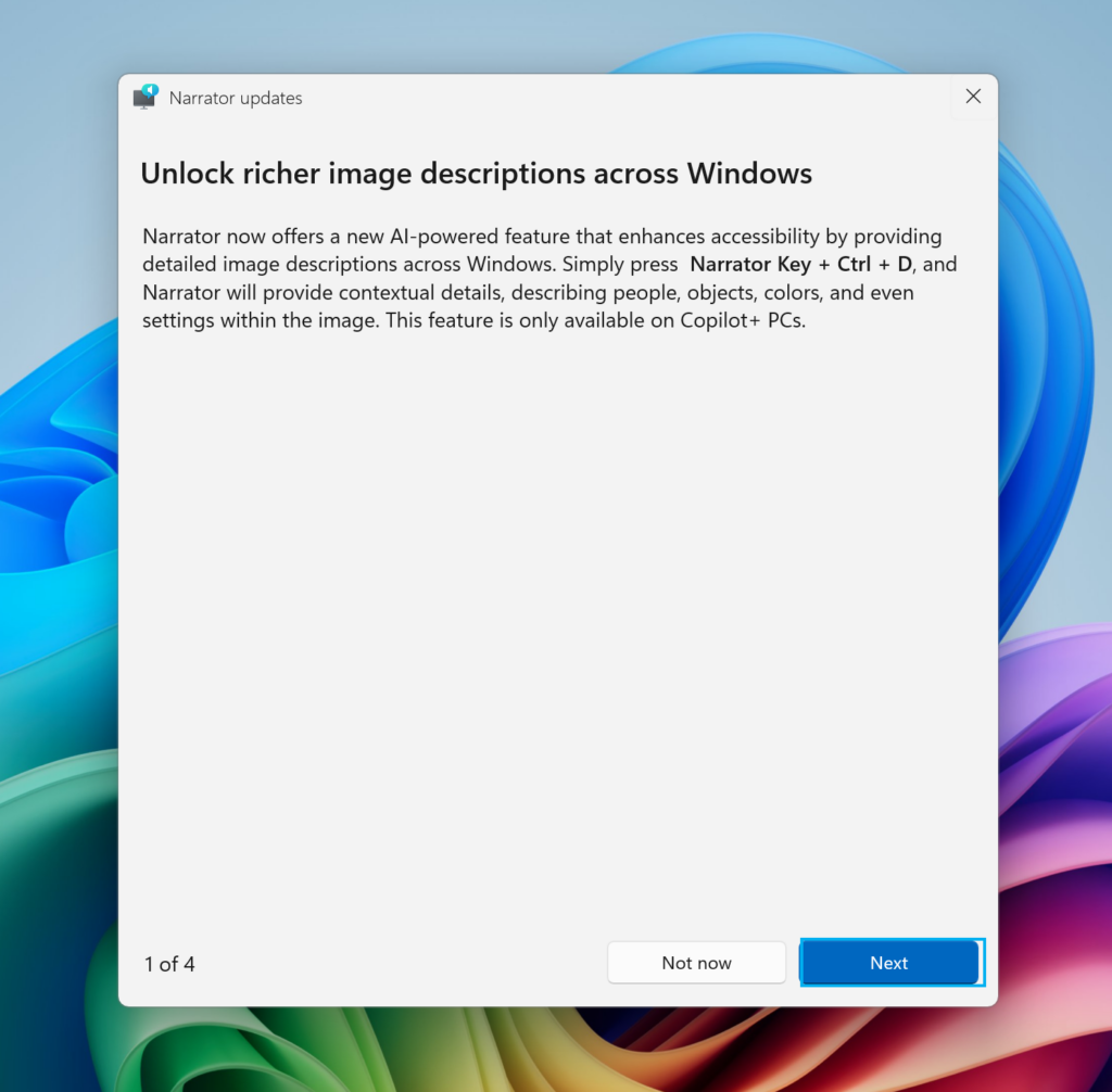 Новая подсказка, освещающая новые функции и улучшения в Экранном дикторе.