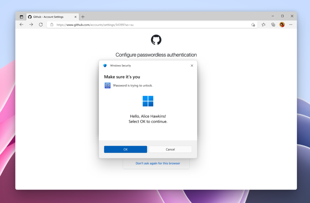 Windows Hello user verification for saving passkey.