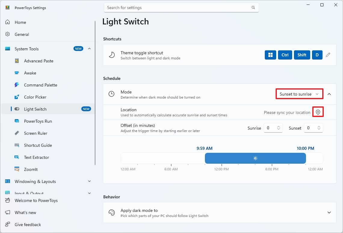 Sunset to sunrise auto dark mode