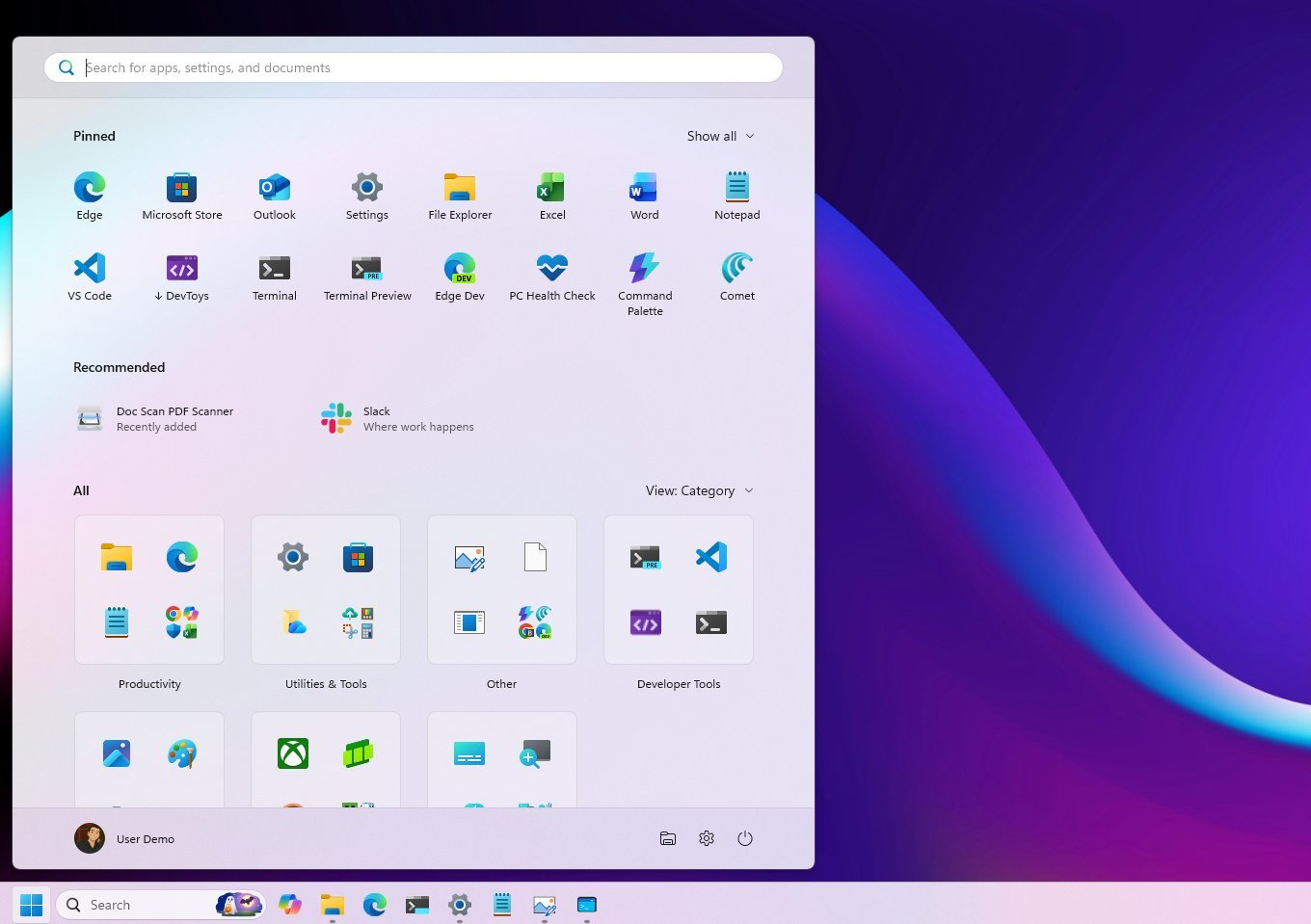 Start menu new layout