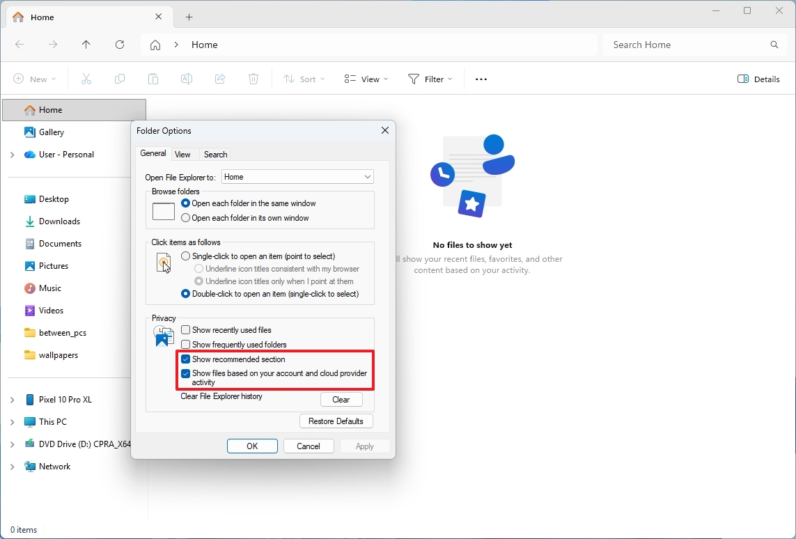 File Explorer Recommended settings