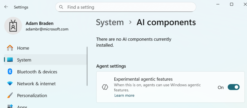 UI showing the Windows Settings app, specifically under System - AI components where users can activate the “Experimental agentic features” toggle.