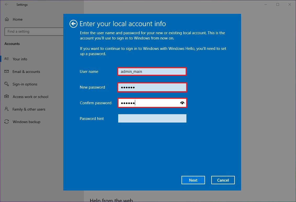 Unlink Microsoft account from local account