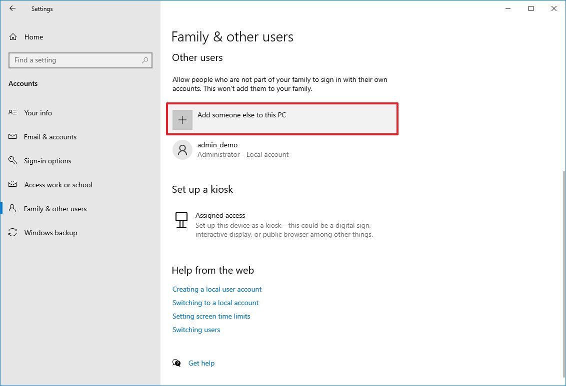 Windows 10 create local account option