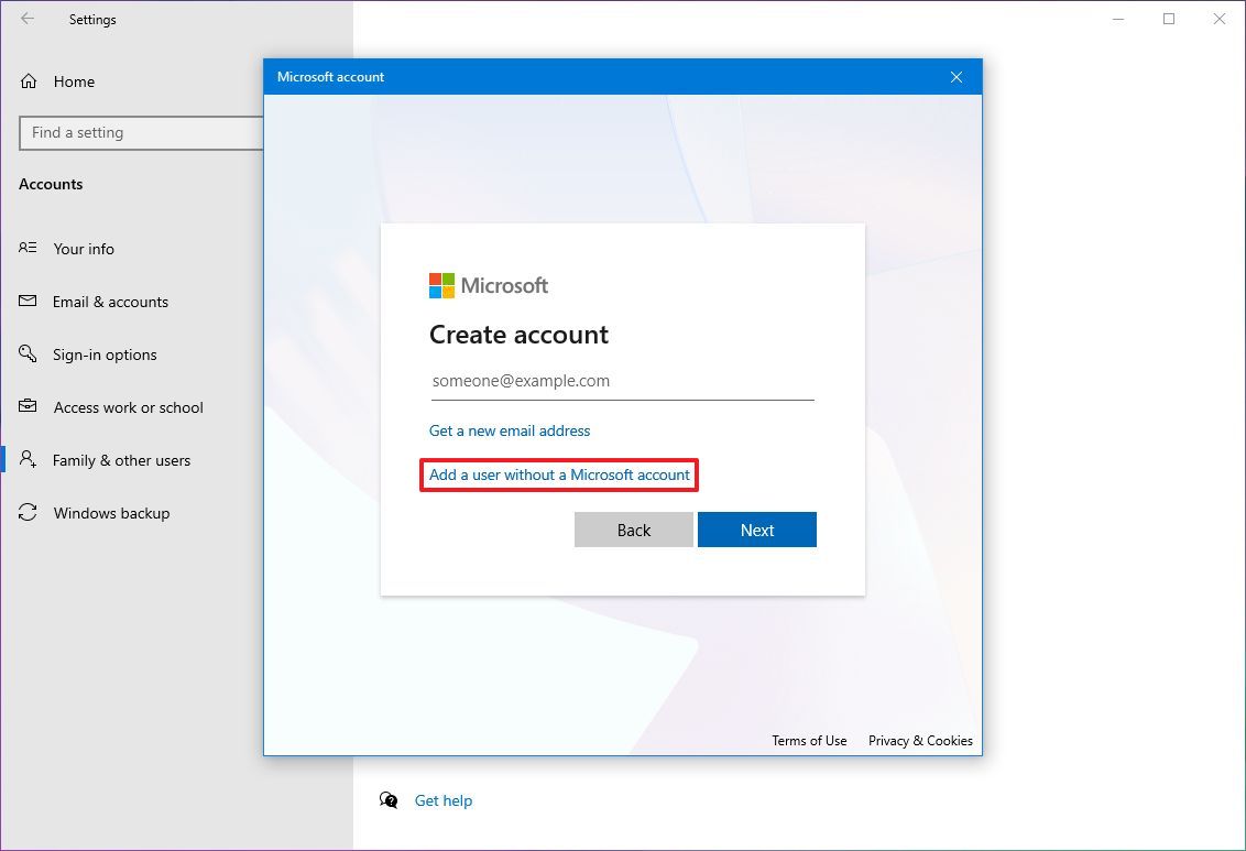 Add a user without a Microsoft account