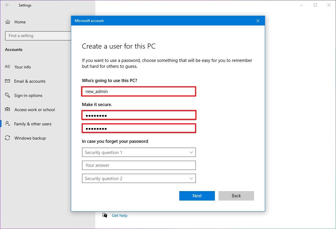 Windows 10 local account details