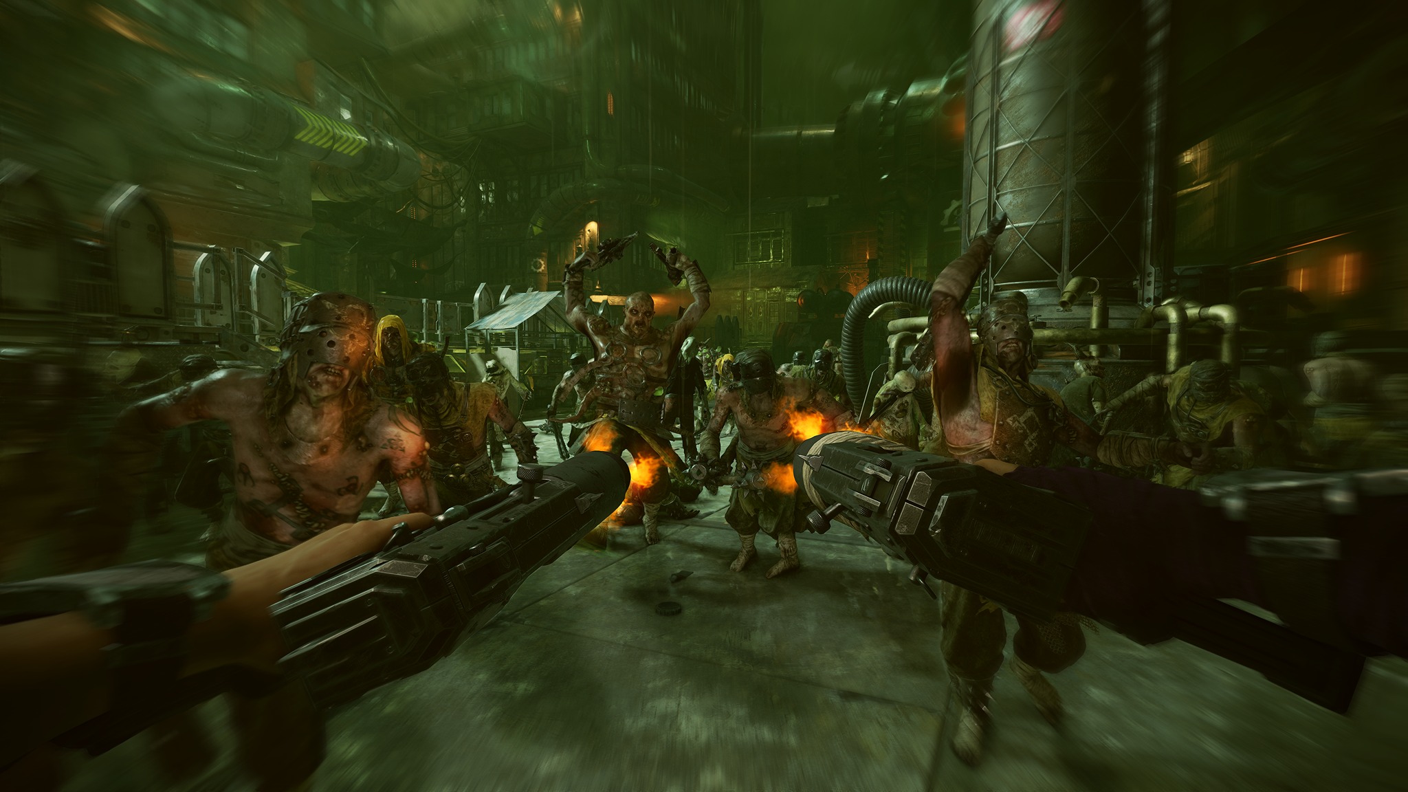Promotional screenshot of the Hive Scum shooting enemies while dual-wielding pistols in Warhammer 40,000: Darktide