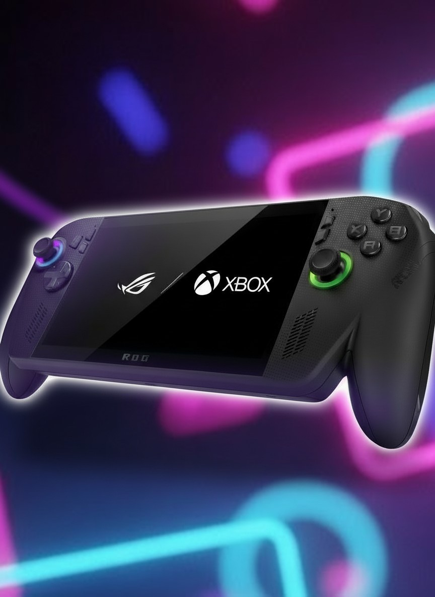 Xbox Ally X на ретро-игровом фоне. ![