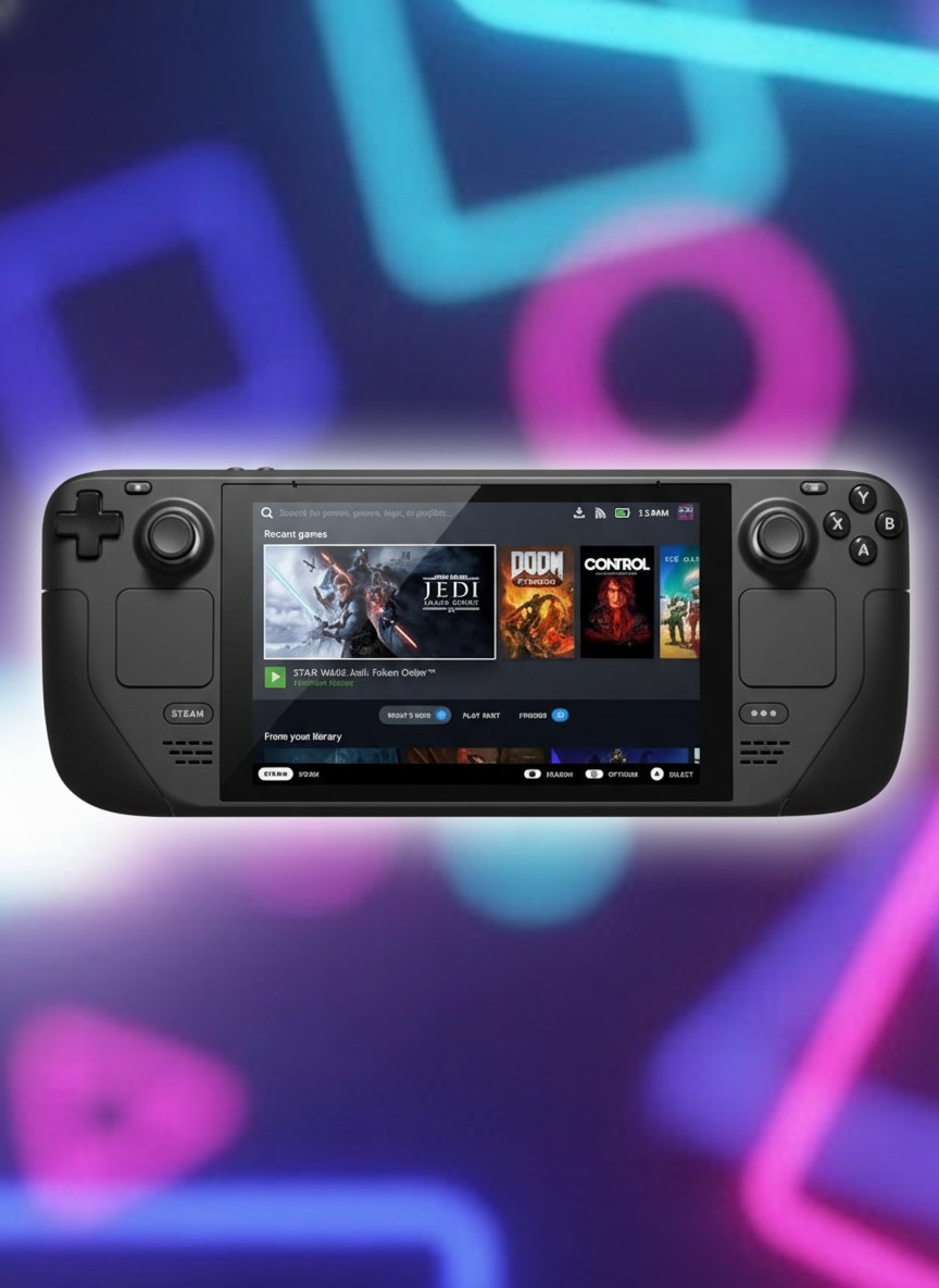 Steam Deck на ретро-игровом фоне с неоновыми фигурами.