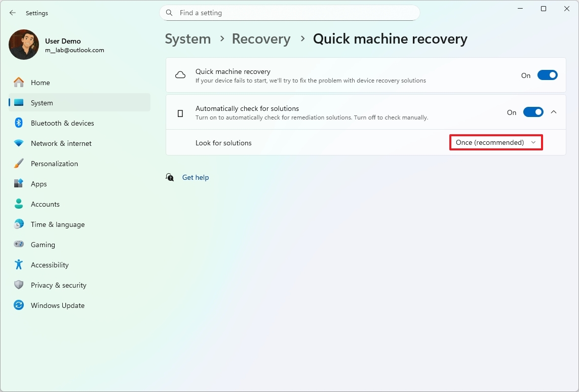 Quick Machine Recovery run once default setting