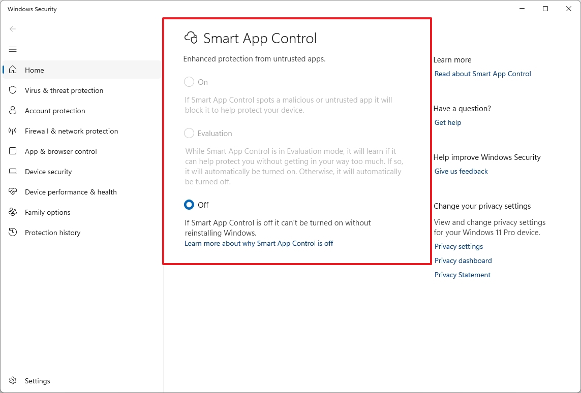 Smart App Control settings