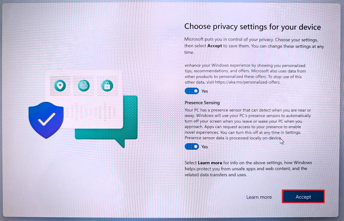 Copilot+ PC OOBE choose privacy settings