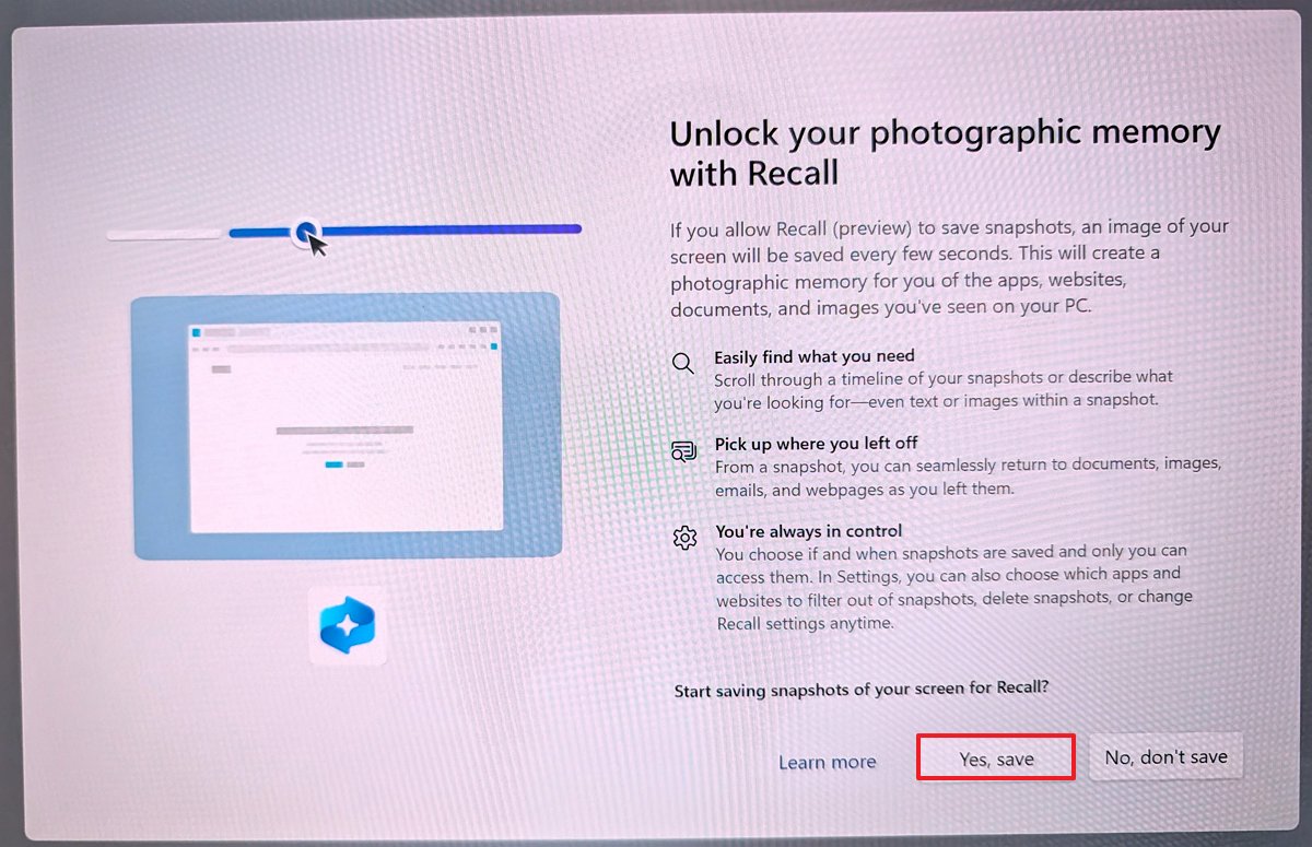 Copilot+ PC OOBE enable Recall