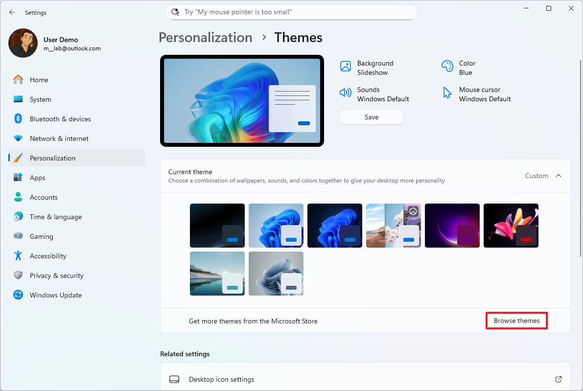 Settings app browse themes