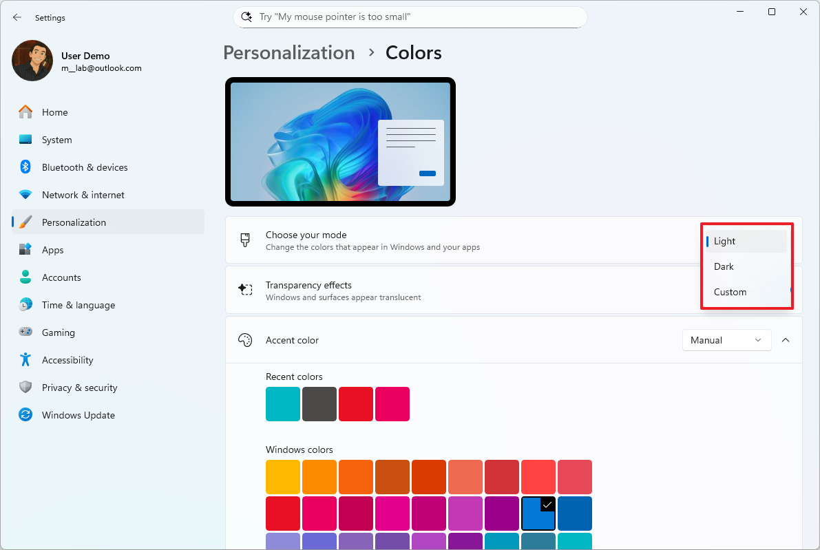 Windows 11 change color mode