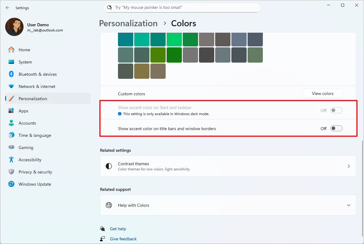 Show accent color on title bars and window borders