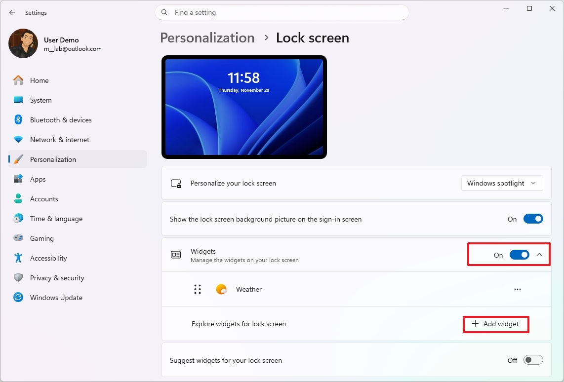 Lock screen widgets settings