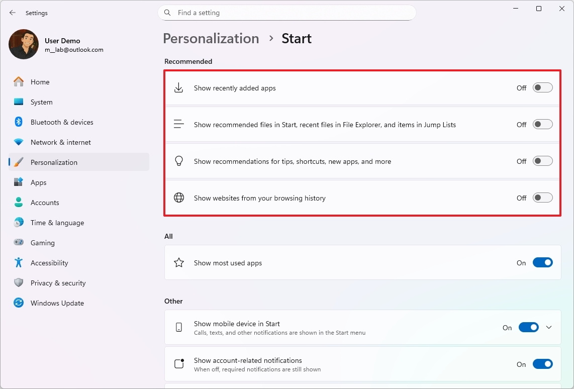 Start menu disable recommendations