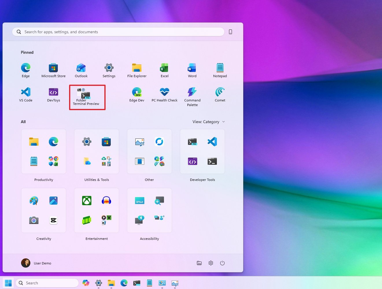 Start menu create folder