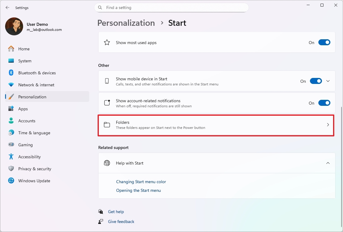 Start menu open Folders
