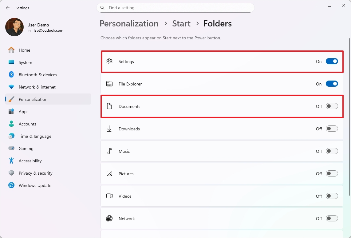 Start settings with Folders settings