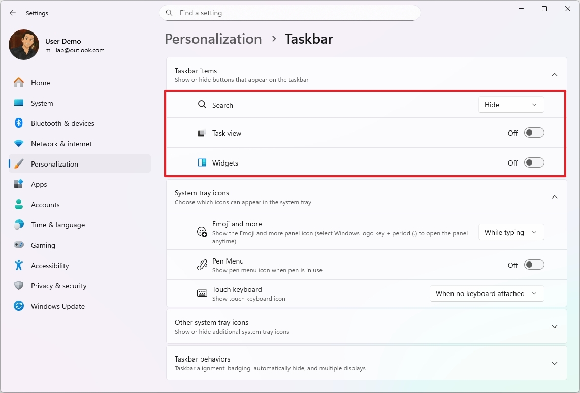 Taskbar disable Task View, Widgets, and Search