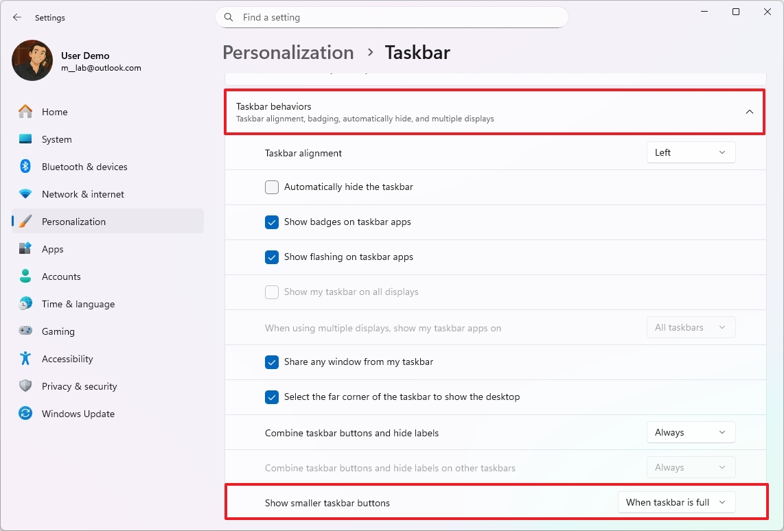 Taskbar smaller icons setting