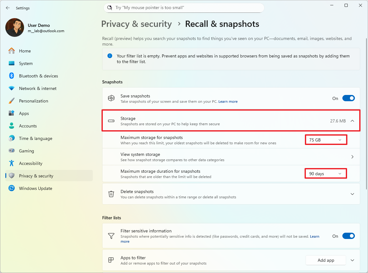 Windows 11 Recall storage settings