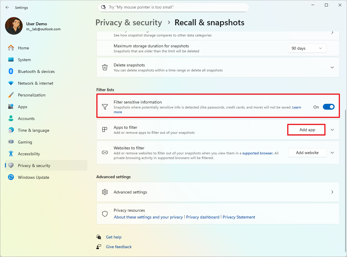 Recall filter settings