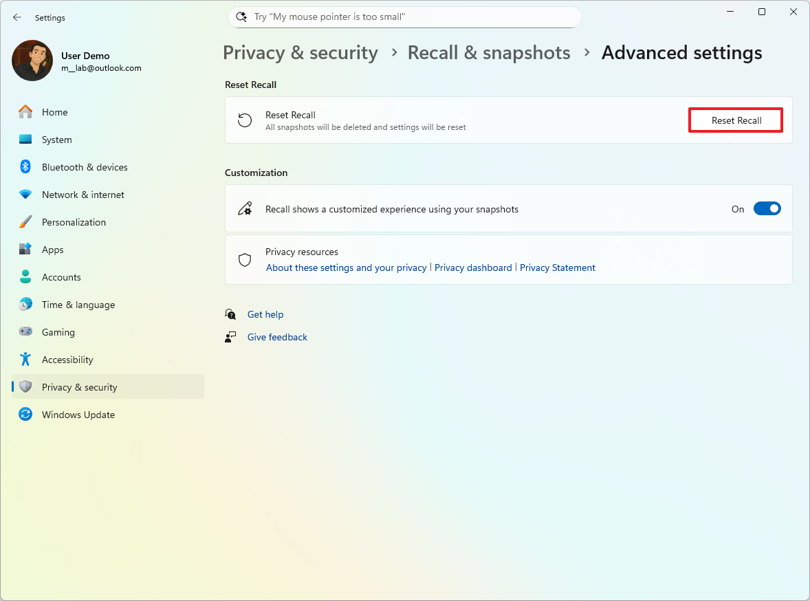 Windows 11 Recall reset option